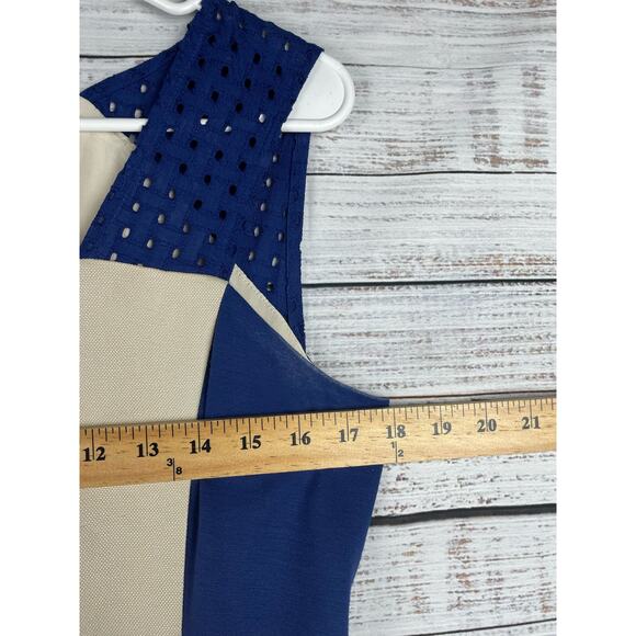 DKNY Blue & Cream Linen Shift Knee Length Dress 8 Coastal Neutral Wedding Beachy - Picture 6 of 8